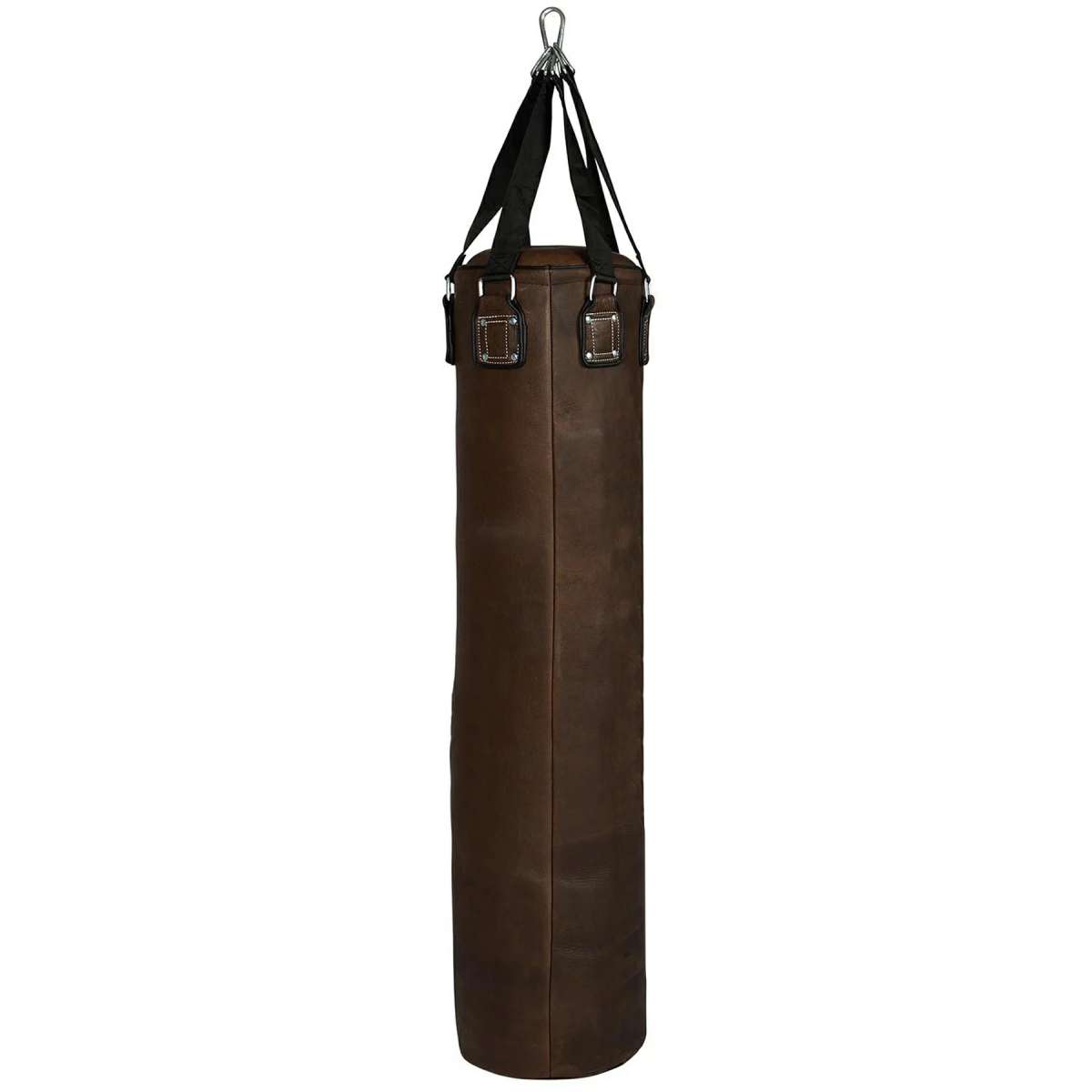 Dark Brown Leather Hanging Heavy Bag with Reinforced Hanger Patches and Black Webbing Straps